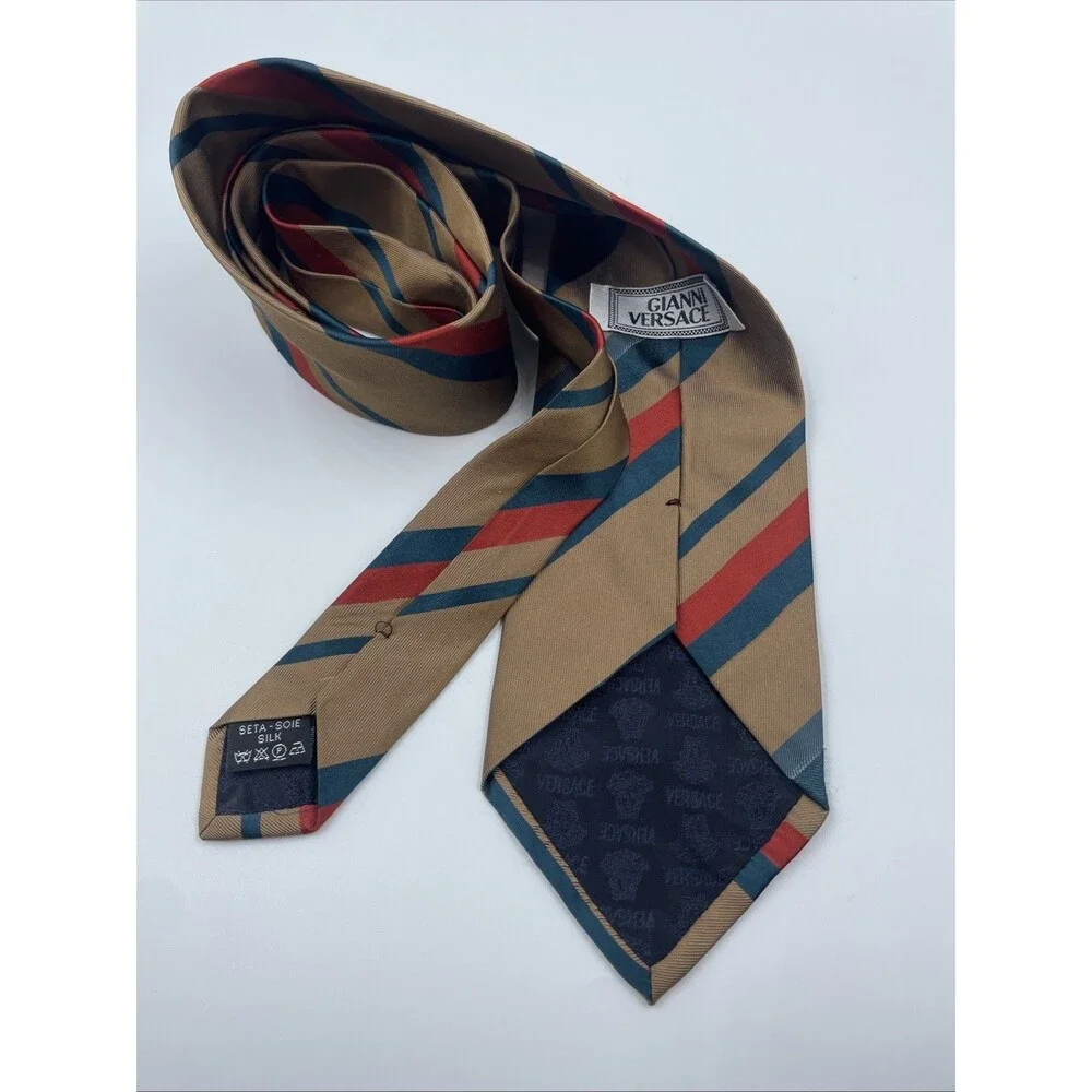 Gianni Versace Tie Men's 100% Silk Gold Brown W Red Blue Stripes Made in Italy